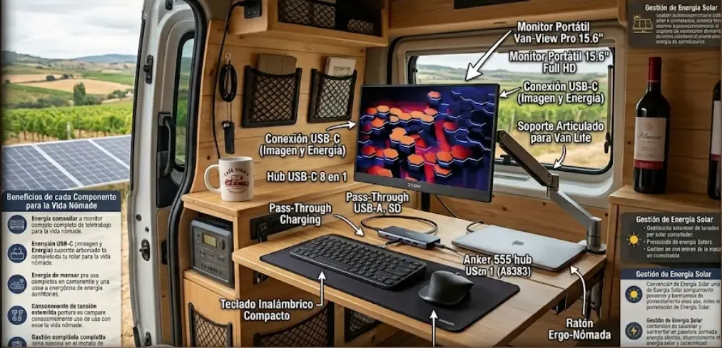 Setup completo de teletrabajo nómada digital en furgoneta con monitor teclado y ratón