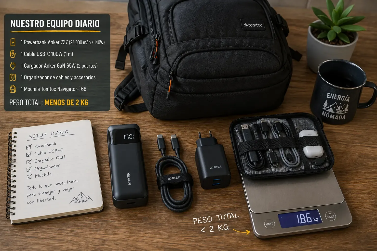Equipo diario completo sobre una superficie: powerbank, mochila, cable, cargador GaN, organizador y báscula marcando menos de 2 kg.