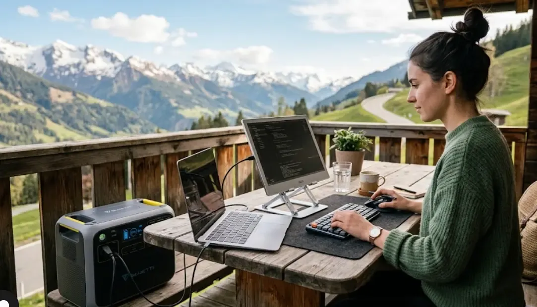 Setup de trabajo nómada digital con monitor E-ink y estación de energía portátil