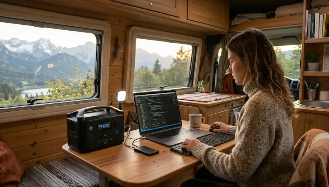 setup completo teletrabajo camper monitor portátil USB-C portátil y estación de energía portátil EcoFlow