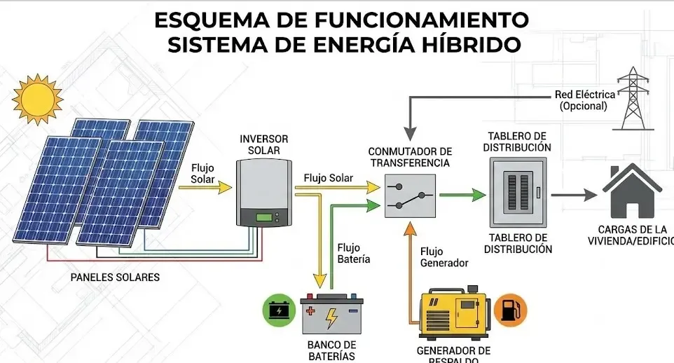 Esquema de funcionamiento de un sistema de energía híbrido con paneles solares y generador de respaldo