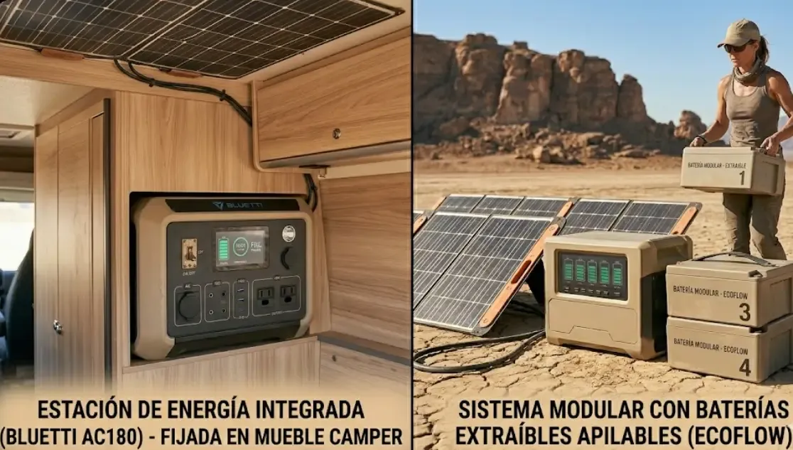 Comparativa visual: a la izquierda una estación integrada Bluetti AC180 fijada en un mueble de camper; a la derecha módulos extraíbles EcoFlow apilados y una persona llevando uno en la mano