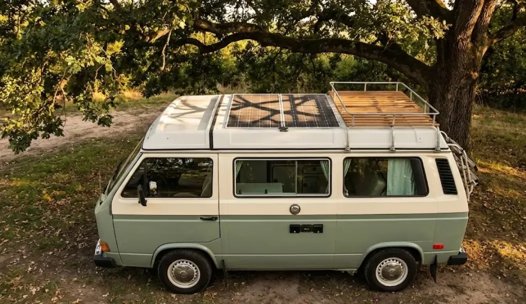 Furgoneta camper aparcada bajo un árbol con sombras de ramas proyectándose directamente sobre los paneles solares del techo