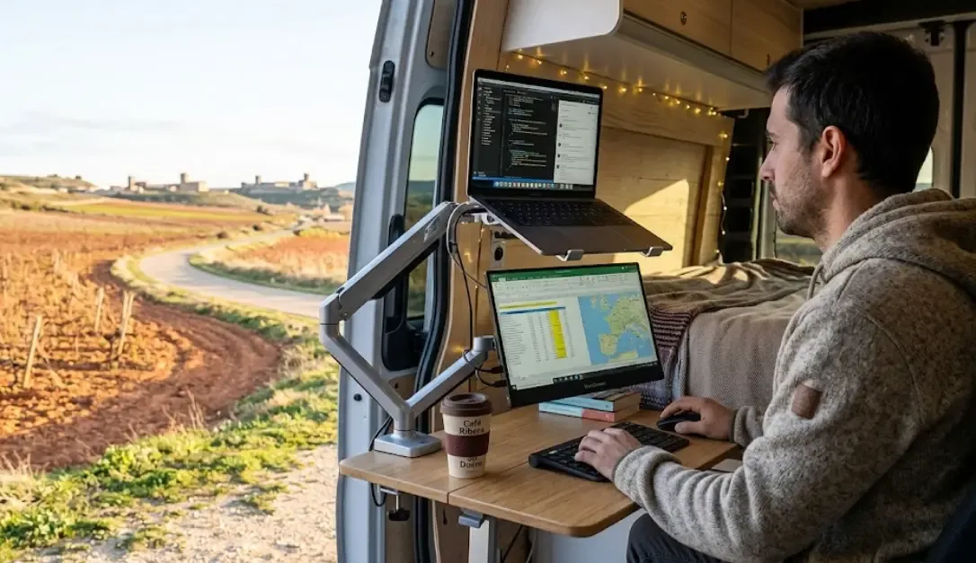 Soporte ergonómico para monitor portátil y portátil en furgoneta camper