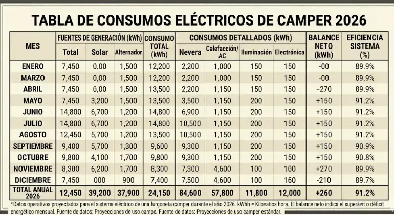 Tabla de consumos eléctricos típicos en una furgoneta camper para calcular la estación de energía necesaria en 2026