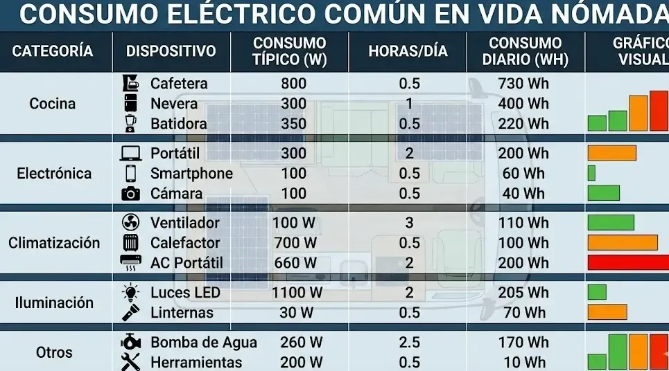 Tabla infográfica de consumos eléctricos comunes en vida nómada