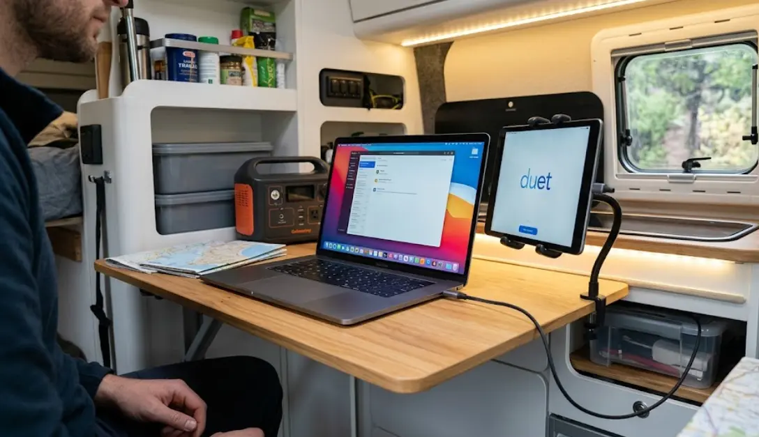 ¿Duet Display o monitor portátil en tu camper? Comparamos consumo, lag, Hz, compatibilidad USB-C y precio real en ruta. Experiencia propia + tabla.