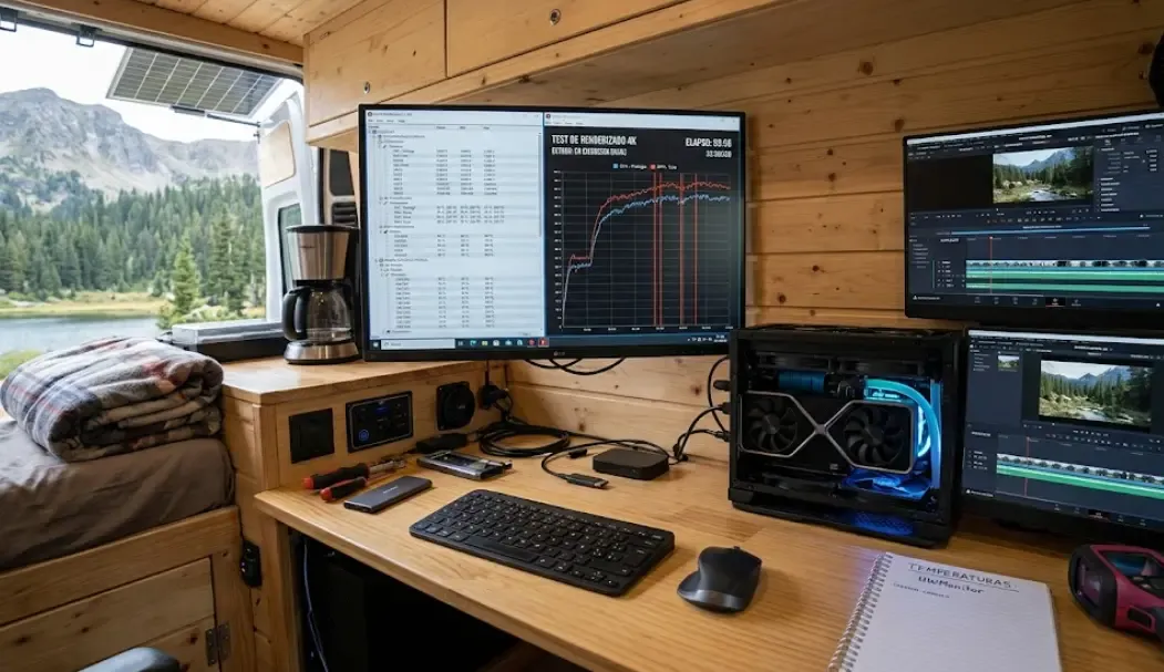 Monitorización de temperatura con HWMonitor durante el test de renderizado 4K en una furgoneta