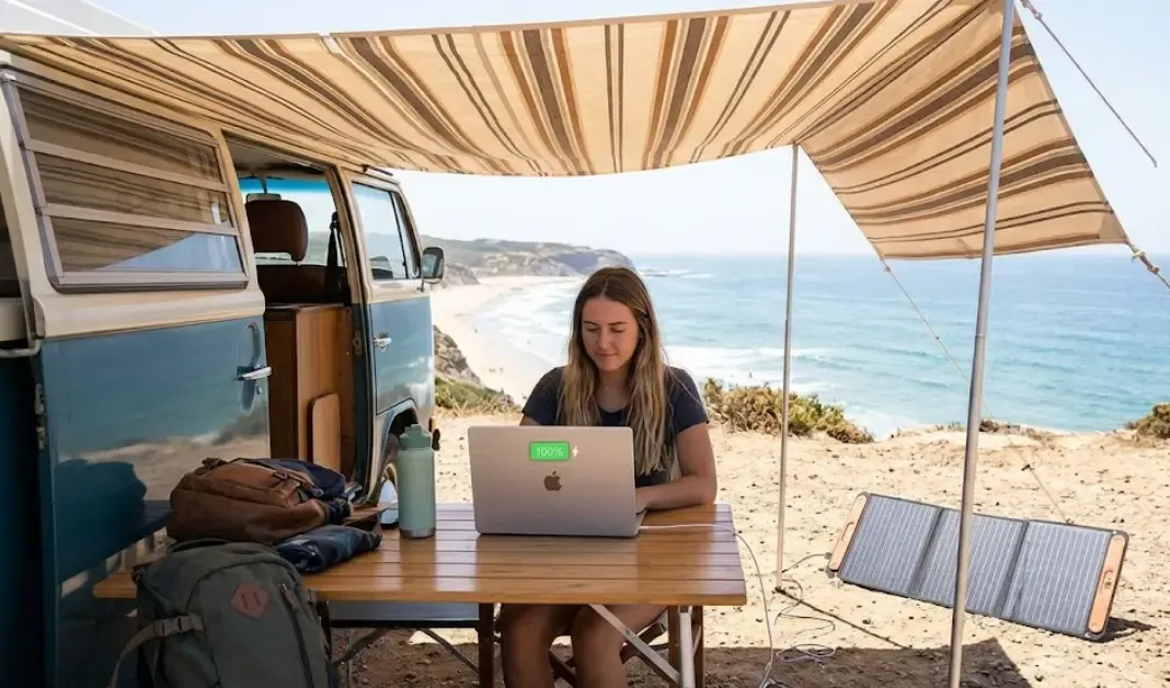 Nómada digital trabajando con un MacBook M3 bajo un toldo, usando un panel solar portátil para mantener la carga al 100% sin esfuerzo.