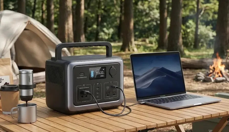 Ugreen PowerRoam 1200 alimentando una cafetera y un portátil en una mesa de camping