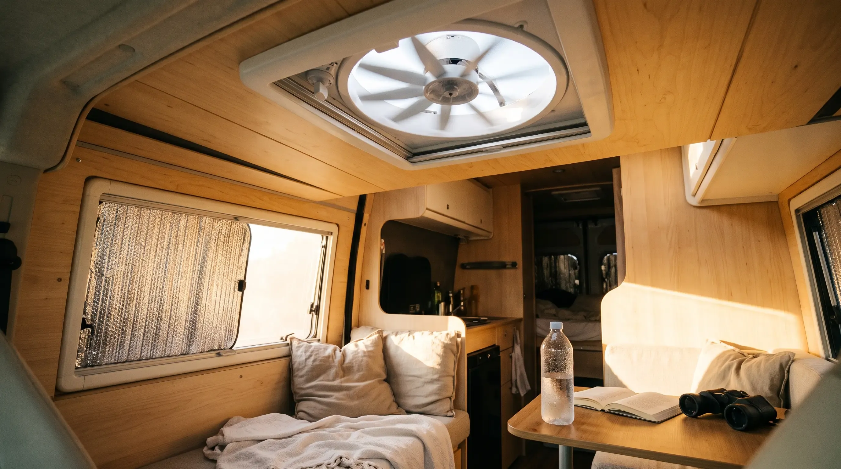 Ventilador 12V de techo funcionando en una camper durante un día de calor