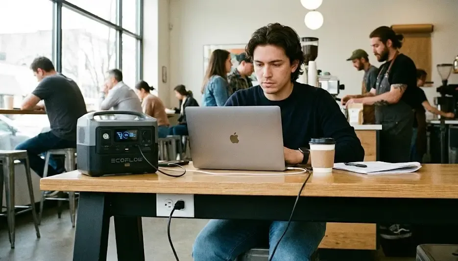 Usuario cargando EcoFlow en cafetería mientras trabaja con portátil