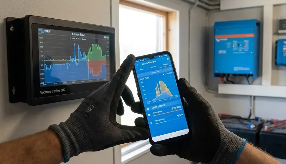 Persona sosteniendo un smartphone con la aplicación VictronConnect abierta mostrando gráficos de producción solar junto a un monitor Cerbo GX