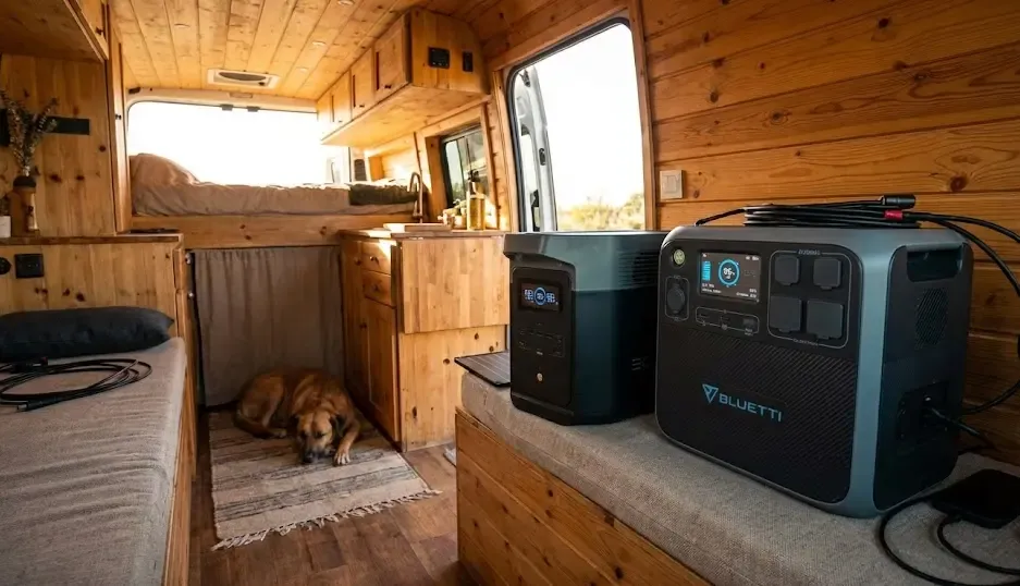 Estaciones de energía EcoFlow y Bluetti en una furgoneta camper mostrando sus pantallas LCD con el porcentaje de batería y ciclos de vida