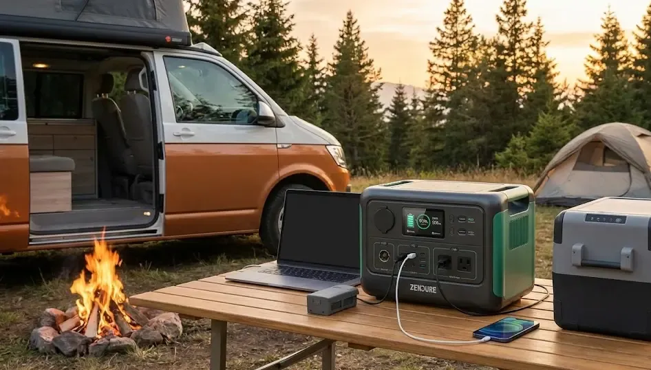 Zendure SuperBase Pro cargando dispositivos en acampada junto a furgoneta