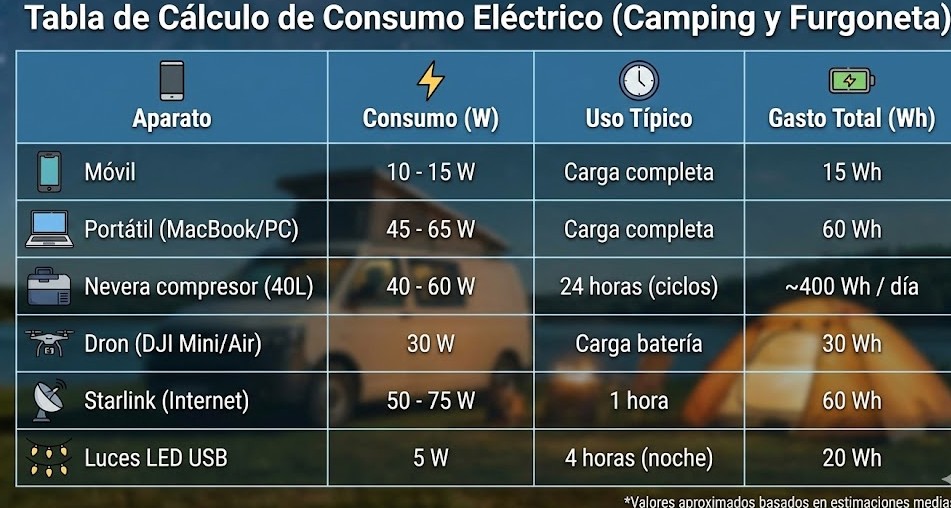 Tabla y calculadora de consumo eléctrico para camping