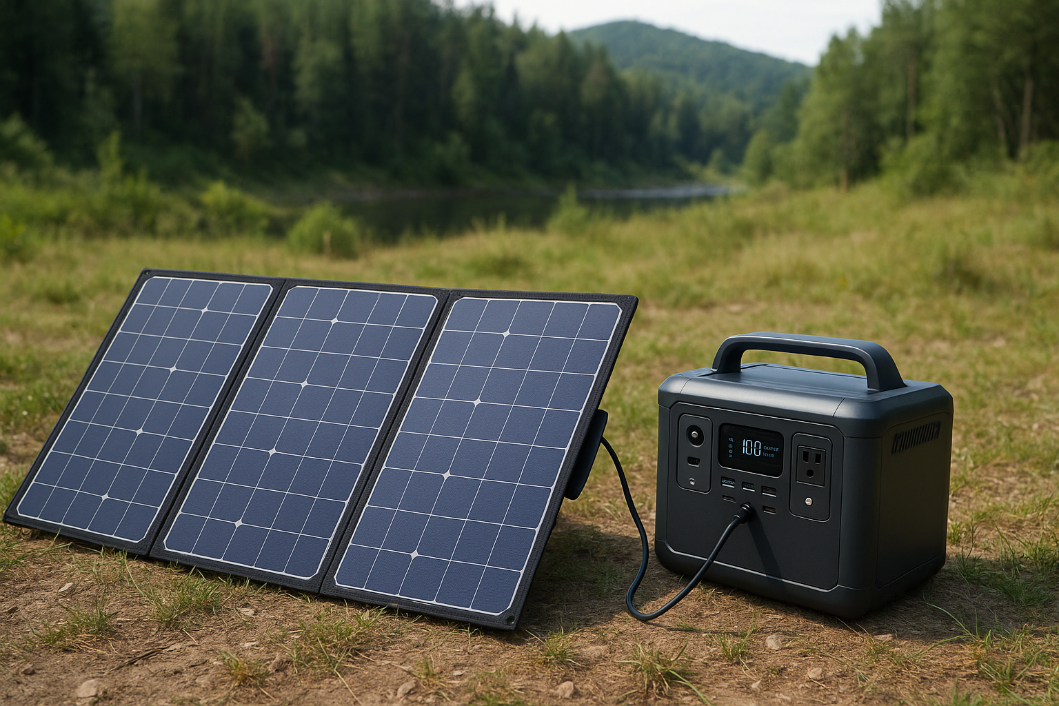 Paneles solares plegables cargando una estación de energía en la naturaleza