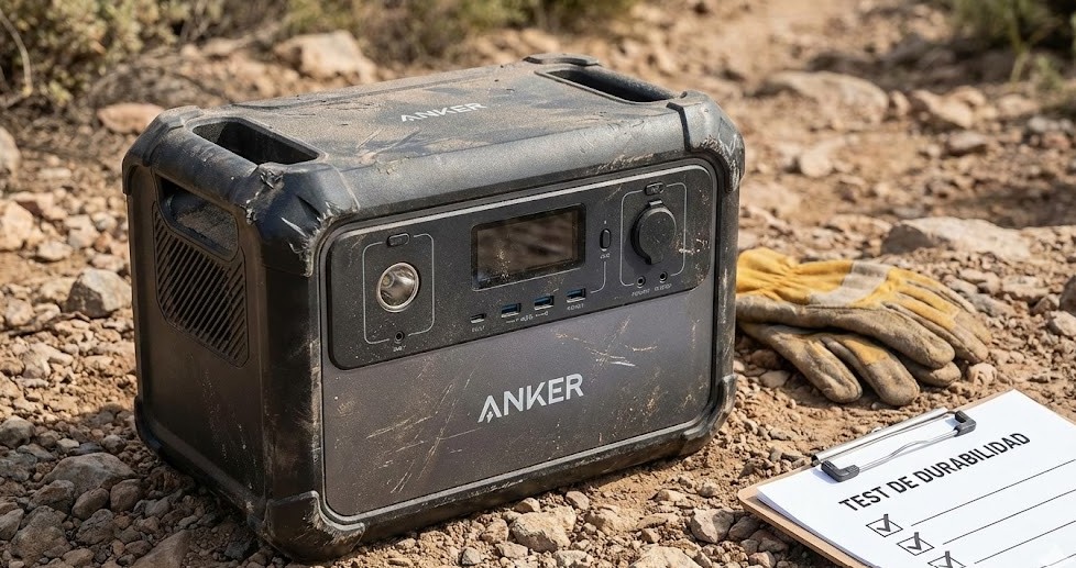 Anker 521 PowerHouse encendida con su luz cálida en una mesa de trabajo