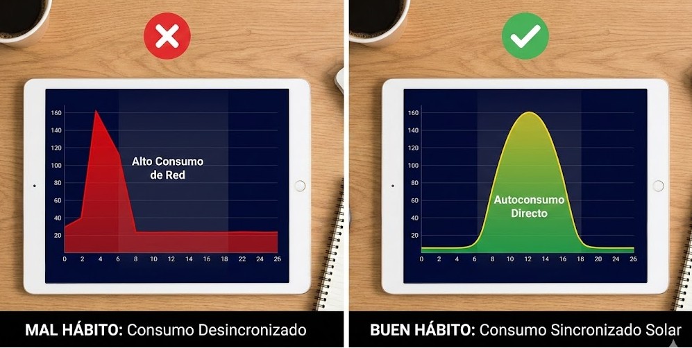 Gráfica comparativa visual de dos curvas de carga doméstica: en rojo, un consumo ineficiente con picos nocturnos; en verde, un consumo eficiente sincronizado con las horas de mayor producción solar.