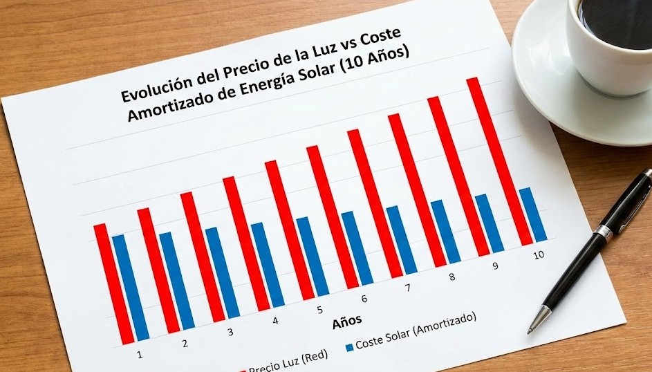 Gráfico de barras comparando el aumento del precio de la electricidad de la red frente al coste amortizado estable de la energía solar fotovoltaica en un periodo de 10 años.