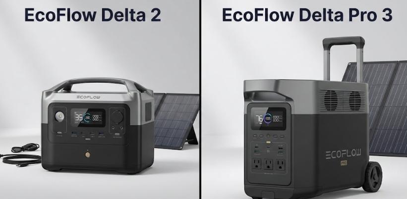 Comparativa visual lado a lado de la estación de energía portátil EcoFlow Delta 2 y la EcoFlow Delta Pro 3, mostrando sus diferencias de tamaño y diseño.
