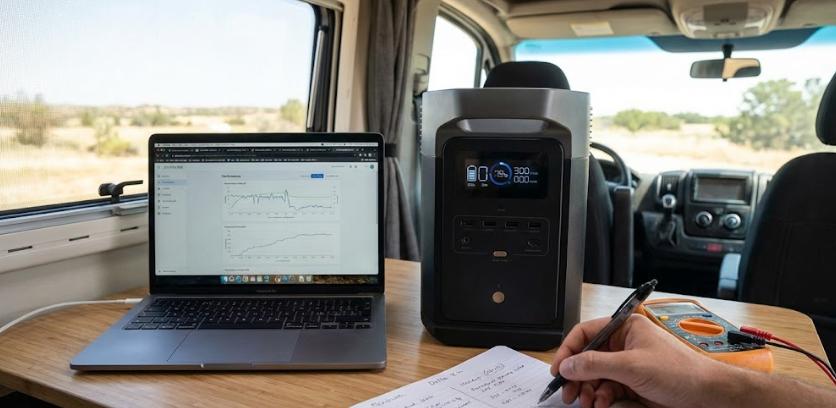 EcoFlow Delta 2 conectada a paneles solares y alimentando una furgoneta camper