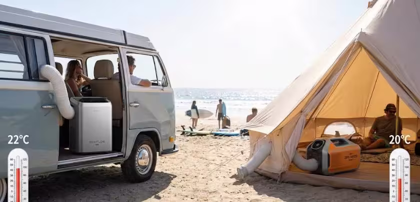 Comparativa visual de aires acondicionados portátiles EcoFlow Wave en furgoneta camper y Zero Breeze Mark 2 en tienda de campaña en la playa, mostrando instalación de tubos de escape y diferencias de temperatura (22°C vs 20°C).
