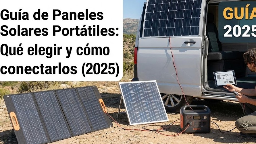 Panel solar portátil plegable desplegado en la naturaleza cargando dispositivos, ilustrando su facilidad de conexión y uso.