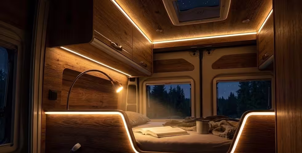 Interior de furgoneta camper de madera iluminada con tiras LED cálidas en perfiles de aluminio y luz de lectura.