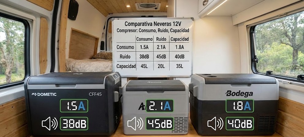 Comparativa visual de neveras 12V de compresor para camper: modelos Dometic, Alpicool y Bodega alineados en una furgoneta, mostrando etiquetas digitales con datos de consumo (1.5A - 2.1A), nivel de ruido (38dB - 45dB) y capacidad en litros.
