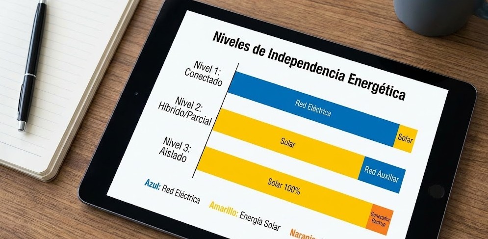 Gráfico visual que compara la proporción de energía solar frente a la red eléctrica en tres escenarios: sistema conectado a red, sistema híbrido parcial y sistema aislado off-grid.