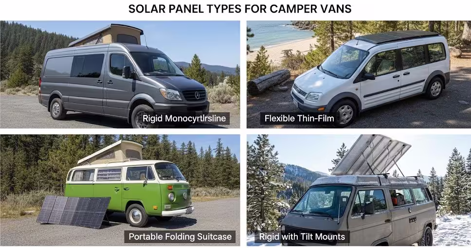 Collage comparativo mostrando paneles solares rígidos, flexibles y portátiles instalados en diferentes furgonetas camper