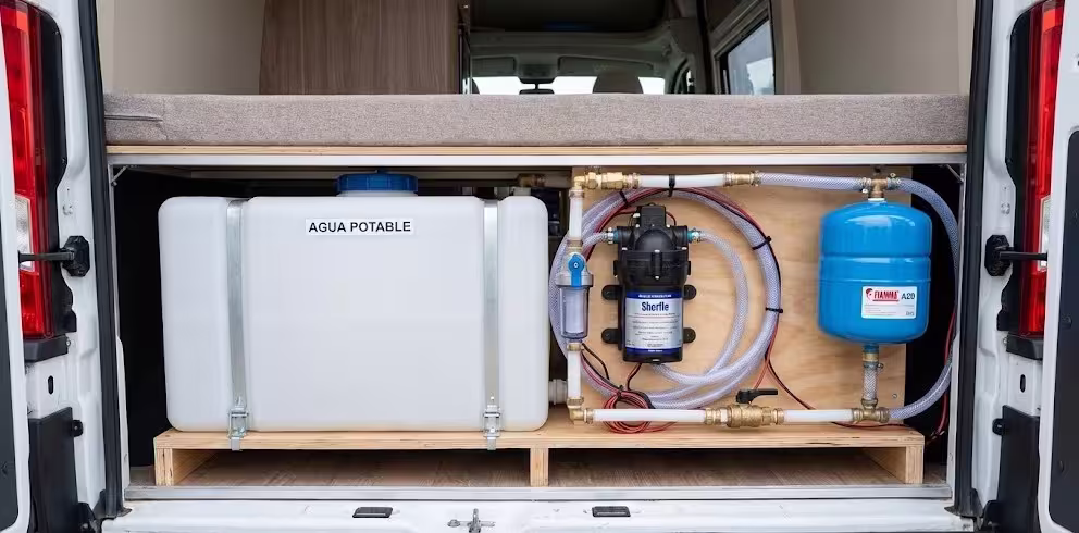 Instalación de agua camper en maletero: depósito, bomba Shurflo y vaso de expansión Fiamma.