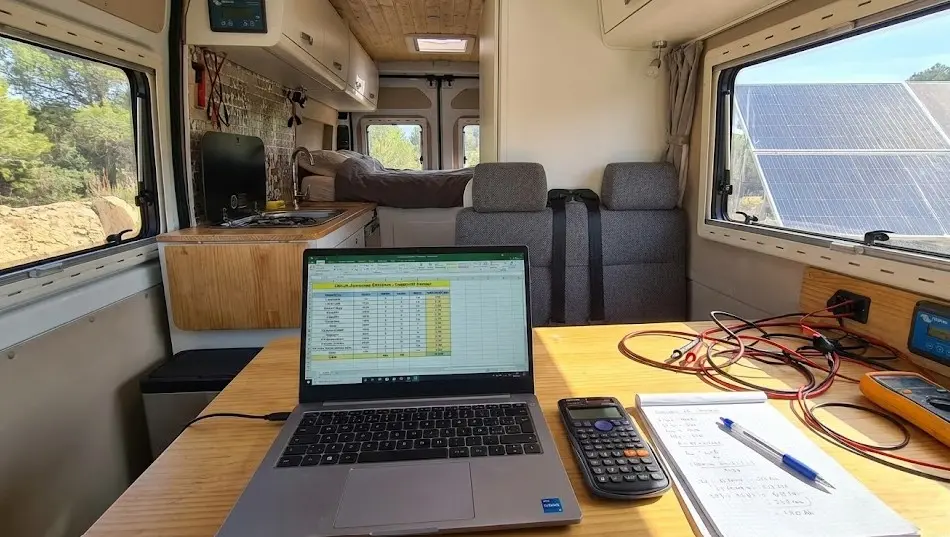 Tabla de cálculo de consumos eléctricos en furgoneta camper con portátil y calculadora