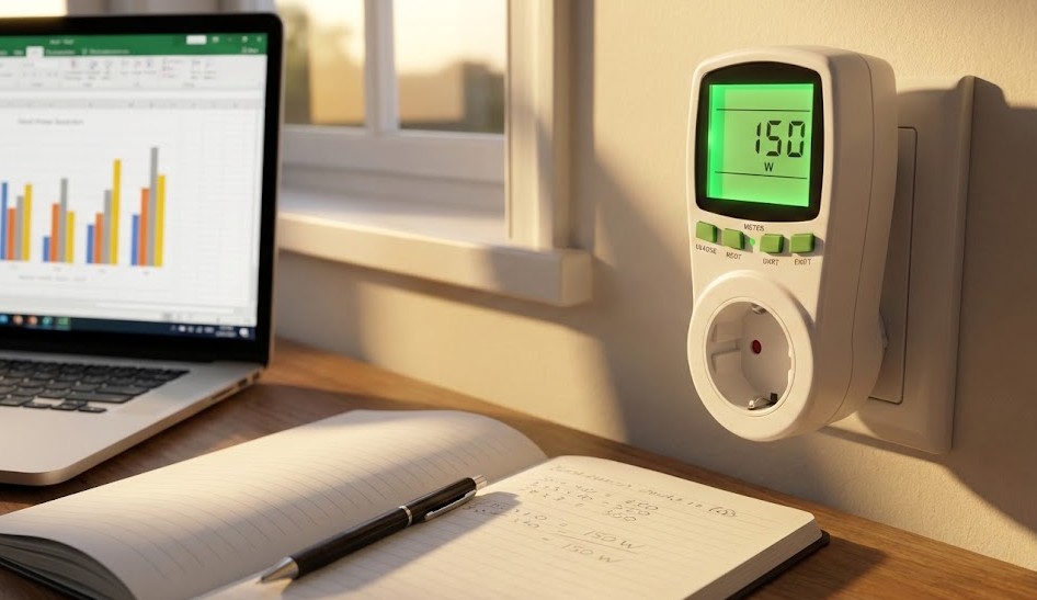 Medidor de consumo eléctrico digital conectado a un enchufe mostrando la potencia en vatios, junto a una hoja de cálculo para dimensionamiento solar.