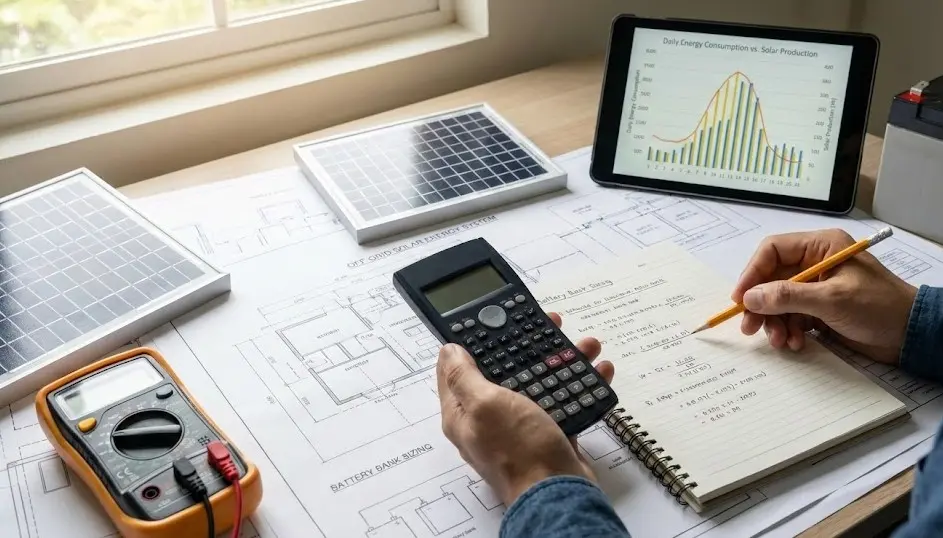 Primer plano de una mesa de trabajo con planos técnicos, calculadora y una tablet mostrando gráficos de producción solar, representando el proceso de cálculo y dimensionado de una instalación fotovoltaica.