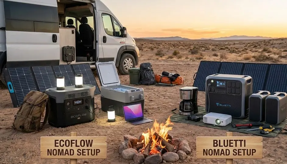 Comparativa visual entre EcoFlow y Bluetti para uso nómada