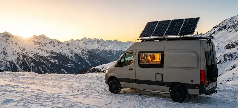 Furgoneta camper todoterreno aparcada en un paisaje montañoso nevado durante la hora dorada, mostrando paneles solares limpios en el techo y luz cálida en el interior.