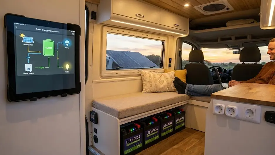 Interior de furgoneta camper con tablet mostrando app de gestión energética inteligente y sistema de baterías LiFePO4 automatizadas