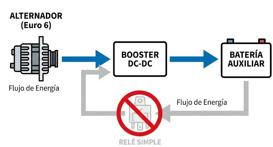 Esquema eléctrico simplificado para furgonetas camper modernas. Muestra el flujo de energía correcto: del Alternador al Booster DC-DC y de ahí a la Batería Auxiliar. Se muestra un icono de prohibido sobre un relé separador antiguo, indicando que no es apto para alternadores inteligentes.