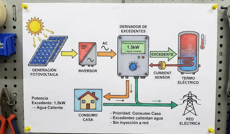Esquema de funcionamiento de un derivador de excedentes fotovoltaicos para calentar agua