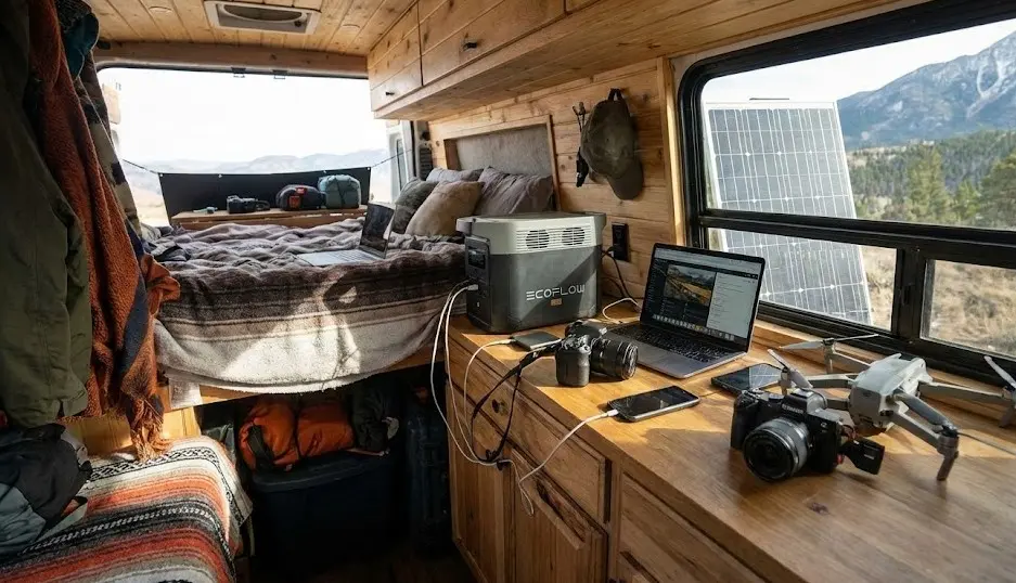 Estación de energía portátil EcoFlow cargando dispositivos en una furgoneta camper