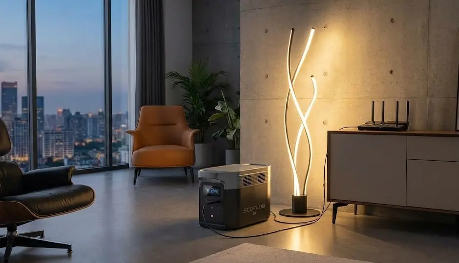 Estación de energía portátil conectada a un router y una lámpara en un salón moderno