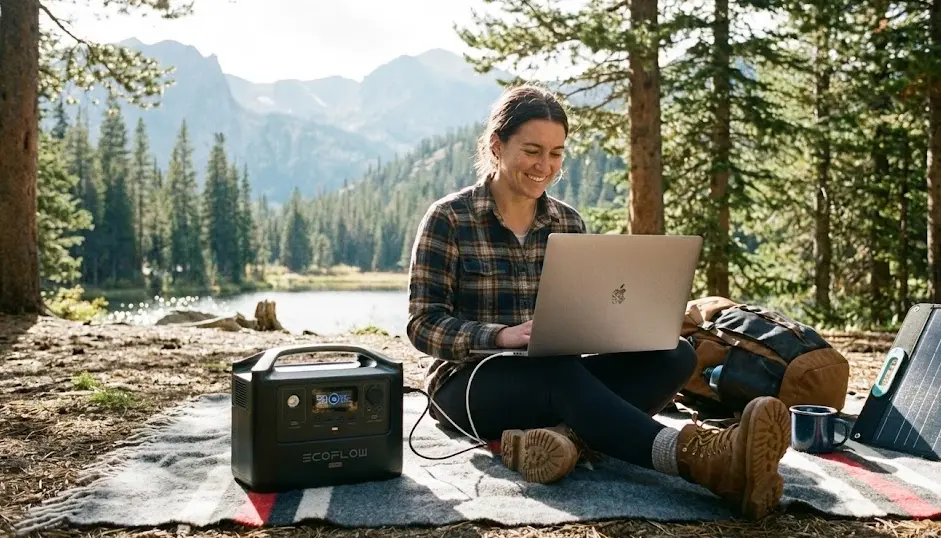 Persona trabajando con portátil en medio de la naturaleza conectado a una estación de energía EcoFlow