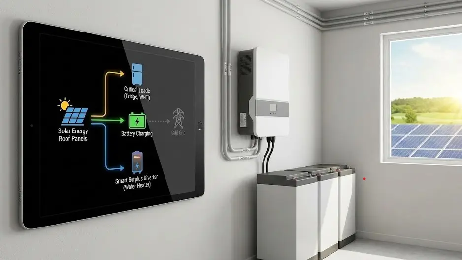 Tablet mostrando gráfica de consumo vs producción solar en una mesa de trabajo con calculadora y planos, representando la gestión inteligente de excedentes y cargas.
