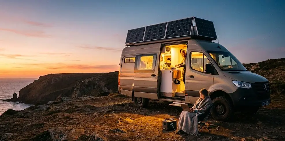 Furgoneta camper 4x4 aparcada en un paisaje natural al atardecer, con paneles solares visibles en el techo y luces cálidas encendidas en el interior, demostrando independencia energética.