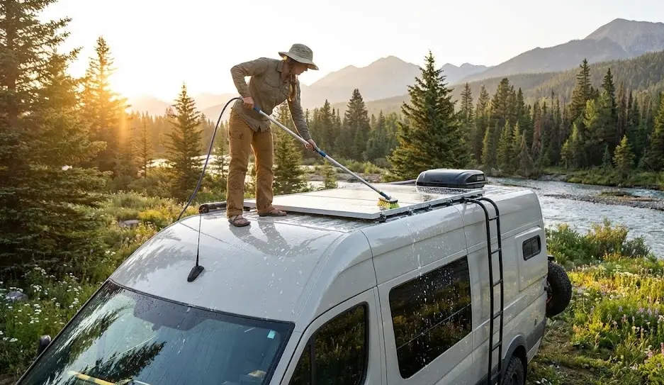 Dos personas realizando mantenimiento en una furgoneta camper: una limpiando las placas solares en el techo y otra revisando el banco de baterías con un multímetro al atardecer.