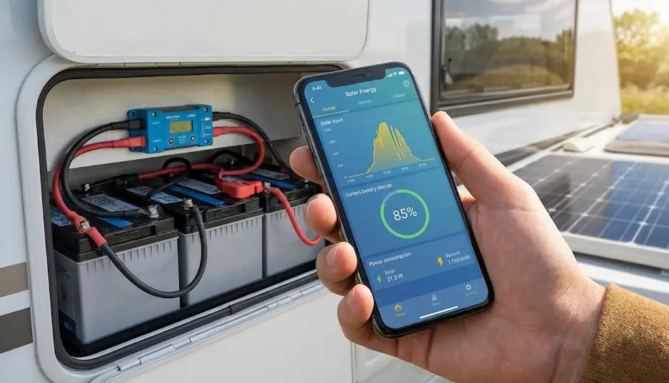 Mano sosteniendo móvil con app de monitorización de energía solar mostrando gráficos de carga frente a una instalación de baterías en camper