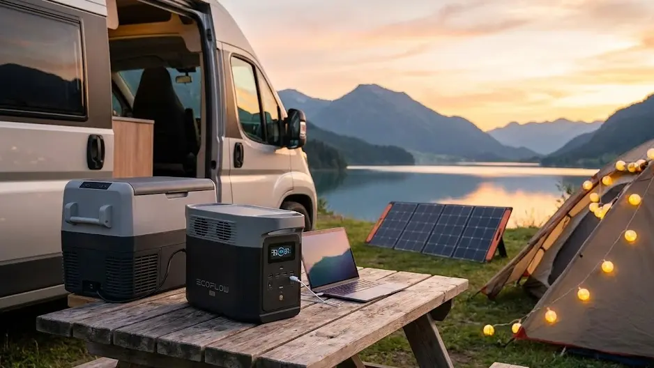 Panel solar portátil desplegable cargando una estación de energía Bluetti en el suelo de un camping, con una tienda de campaña y naturaleza de fondo.