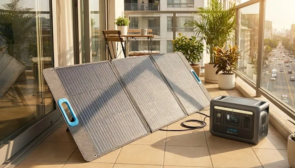Paneles solares portátiles desplegados en un balcón cargando una batería